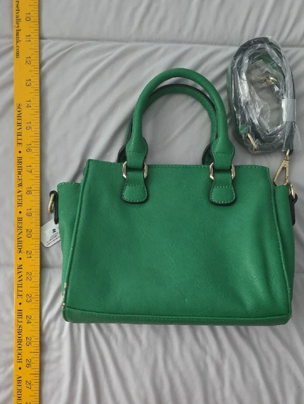 Green Structured Top-Handle Satchel with Gold Turn-Lock